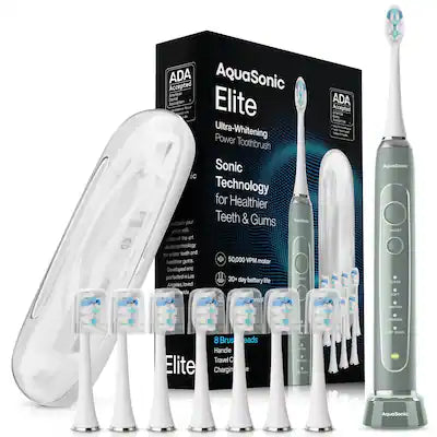 AquaSonic - Elite Rechargeable Electric Toothbrush Set - ADA Accepted, 5 Modes, Travel Case, 8 Brush Heads