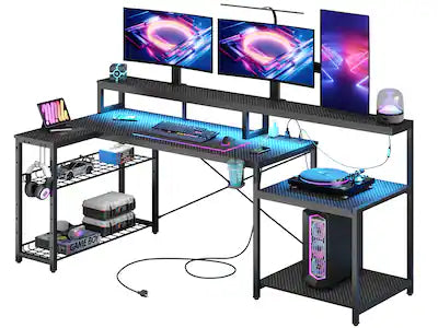 Bestier - 71inch L-Shaped LED Gaming Desk with Power Outlet Computer Desk