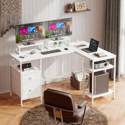 Furnulem - 59 In LShaped Computer Desk with 2 Monitor Stand Power Outlet Cabinet Gaming Desk Metal Base with Drawers desk