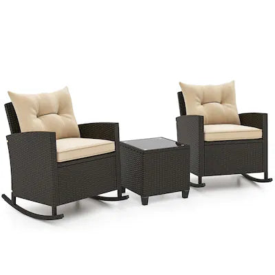 Costway - 3 PCS Patio Wicker Rocking Set with Tempered Glass Table & Soft Cushions Outdoor