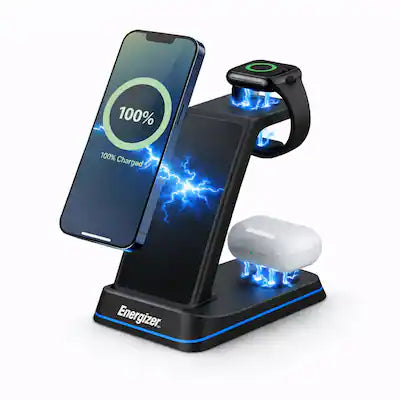 Energizer - 3-in-1 15W Qi Certified Wireless Fast 15W Charger Charging Station/Stand w/ RGB Light for iPhone + AirPods + Apple Watch