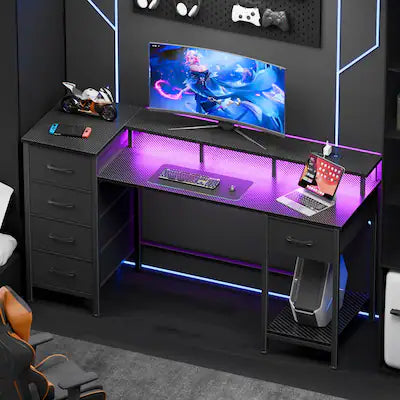 Furnulem - 47 Inches Computer Desk with Monitor Stand Charging Station LED Lights Gaming Desk with Drawers for Home Office