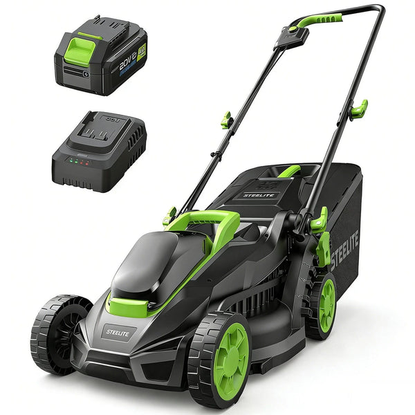 Steelite - 13in Electric Cordless Lawn Mower with Brushless Motor & 4.0Ah 21V Battery & 8-Gallon Grass Bag - Green