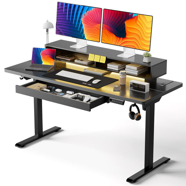 GTPlayer - 48 x 24 Inch Electric Standing Desk with Drawers,Power Outlets & LED Lights Home Office Sit Stand Up Desk - Black