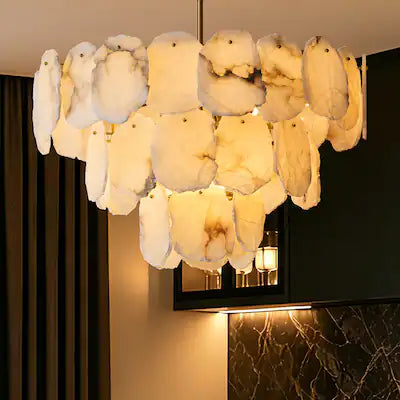 Siljoy - 32 In Modern Empire 16 Light Three Tier Alabaster Chandelier Brass Gold Adjustable Chain Foyer Kitchen Island
