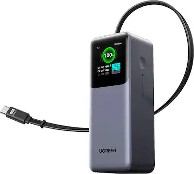 UGREEN - Nexode 165W 20,000mAh Power Bank with Retractable Cable, 3-Port Portable Charger for Laptops, Tablets, Cell Phones