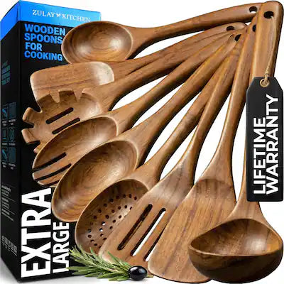 Zulay Kitchen - 9-Piece Teak Wooden Utensils for Cooking - Smooth Finish Natural Teak Utensil Set