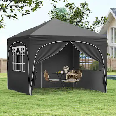 Costway - 10 X 10 FT Pop up Canopy Tent whth 1 Sidewall Wheeled Bag 4 Sandbags 4 Ropes