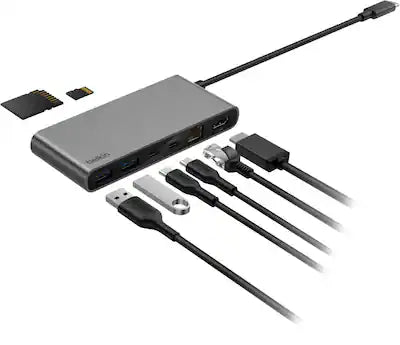 Belkin - 8-Port Hub w/ 4K HDMI Display @ 60Hz, 100W Power Delivery, Fast Data Transfer 10Gbps, USB-C Multiport Adapter