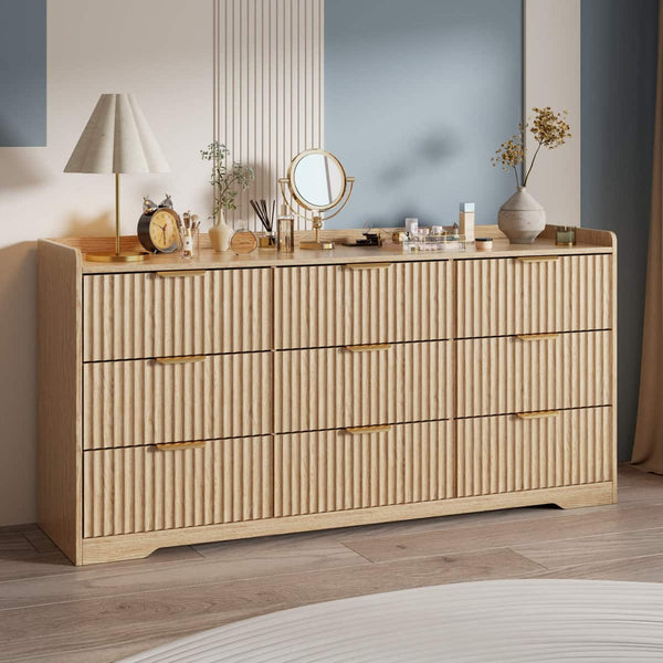 Furnulem - 9 drawer Dresser Wood Wide Chest Of Drawers With Metal Handle - Gold