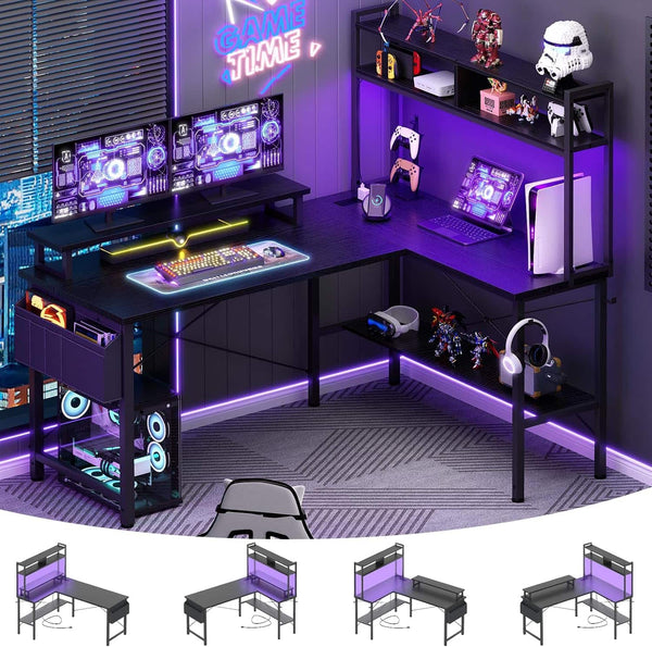 Aheaplus - 49'' Reversible L-Shaped Computer Gaming Desk with LED Lights, Power Outlets, and Hutch Storage - Black