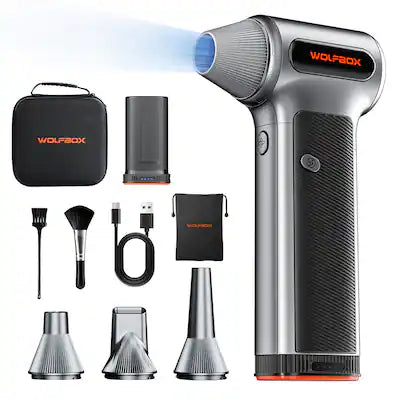 WOLFBOX - Compressed Air Duster - 2 Swappable Battery Packs & Case, Hurricane-Force Electric Air Blower for PC, Car Detailing
