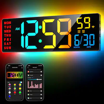 Easyera - 16.5" Large Digital Wall Clock, App Control, RGB LED Lights, Music Sync, Auto DST, Plug-in for Classroom, Home, Gaming