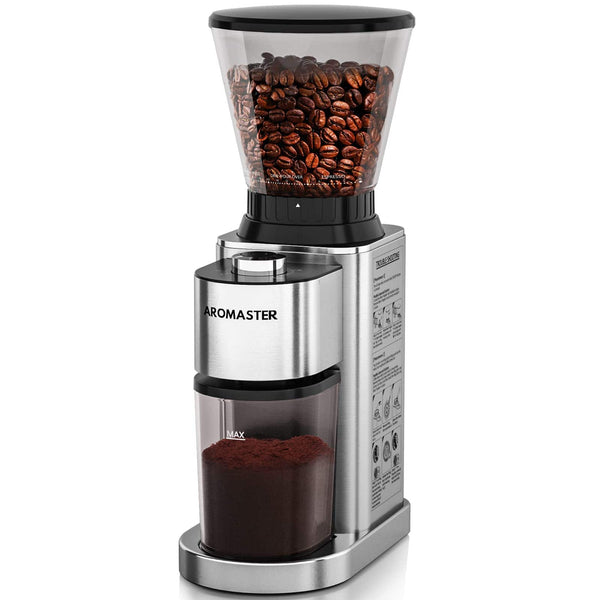 Aromaster - Burr Coffee Grinder, Coffee Bean Grinder,Stainless Steel Electric Grinder, 48 Grind Setting - Silver
