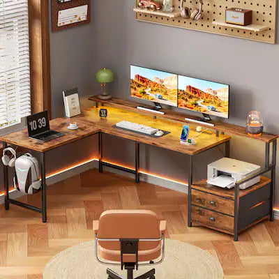 Furnulem - 66 In L Shaped Computer Desk with Charging Station LED Lights 2 Drawers Monitor Stand Reversible Gaming Desk