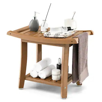 Gymax - 2-tier Shower Bench Waterproof Spa Bath Shower Stool Heavy Duty w/ Shelf Brown