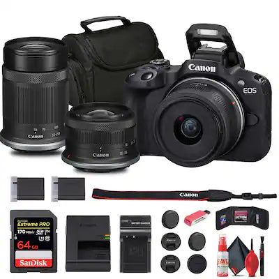 Canon - EOS R50 Mirrorless Camera w 18-45mm and 55-210mm Lenses, 64GB Card, Bag Bundle