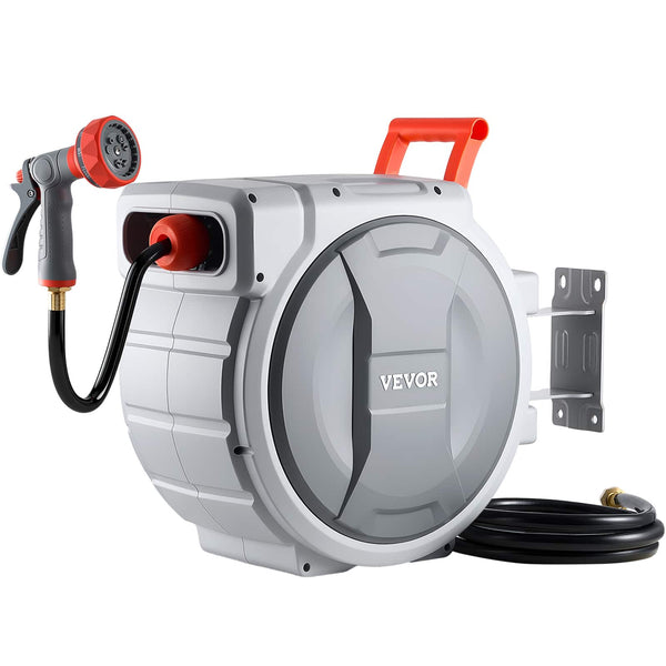 VEVOR - Retractable Garden Hose Reel, 1/2 in x 100 ft, Wall Mounted Hose Reel with 9-Function Sprayer Nozzle and 180° Swivel - Gray