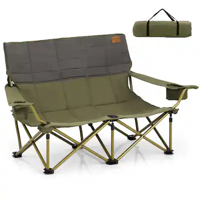 Gymax - Oversized Camping Chair Folding Loveseat Camping Couch w/ Cup Holders & Padding