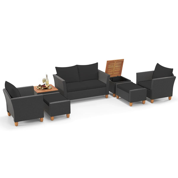 Costway - 7 PCS Patio Furniture Set with Loveseat Armchairs Ottomans & Storage Table - Black