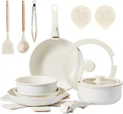 Winado - 19 Pcs Nonstick Pots and Pans Set, Cast Aluminum Cookware with Detachable Handle & Saucepan & Frying Pan for Apartments