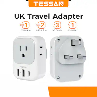 TESSAN - US to UK Travel Plug Adapter, Type G Power Adapter with 4 Outlets and 3 USB Ports (1 USB C) for UK Ireland