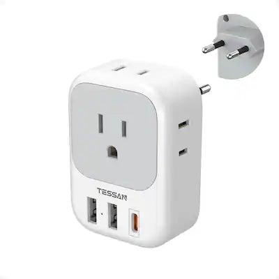 TESSAN - European Travel Plug Adapter, 7-in-1 Outlet Extender with 4 AC Outlets and 3 USB Ports (20W PD USB-C), Type C Adaptor