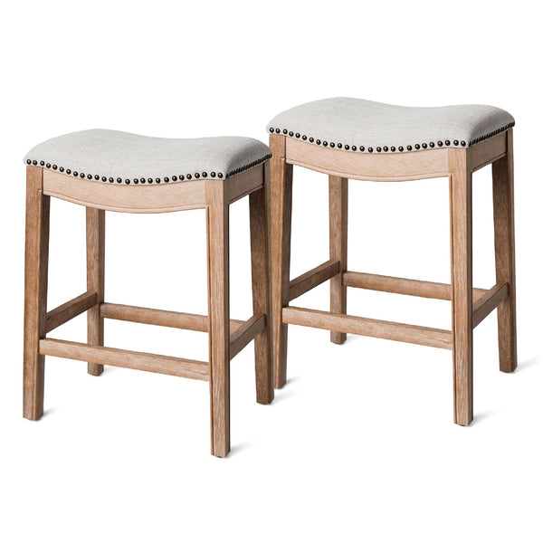 Maven Lane - Adrien Saddle Counter Stool Finish w/ Sand Color Fabric Upholstery, Set of 2 - Weathered Oak