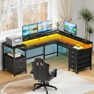 Furnulem - 66 In LShaped Gaming Desk with LED Lights Power Outlets Monitor Stand 6 Fabric Storage Cabinets for Home Office