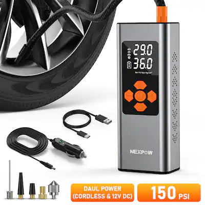 NEXPOW - Tire Inflator 150 PSI 7500mAh Cordless Air Compressor Dual Power Auto Shut Off LED Dual Screen