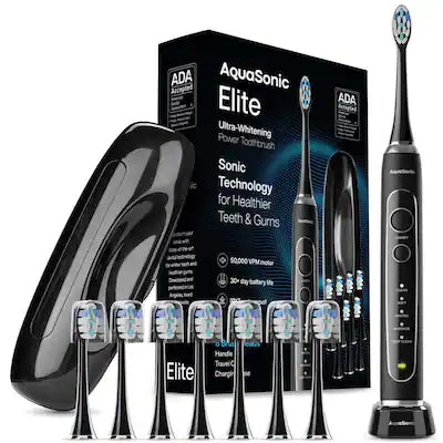 AquaSonic - Elite Rechargeable Electric Toothbrush Set - ADA Accepted, 5 Modes, Travel Case, 8 Brush Heads