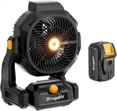 BougeRV - Battery Powered Fan 755 CFM Portable Fan with 8A Removable Battery USB Port Bright Light 210° Tilt for Camping, RV