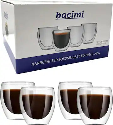Bacimi - Double Wall Insulated Coffee Mugs Set of 4 / 5oz Borosilicate Cups Cups for Espresso, Cappuccino, Latte, Tea
