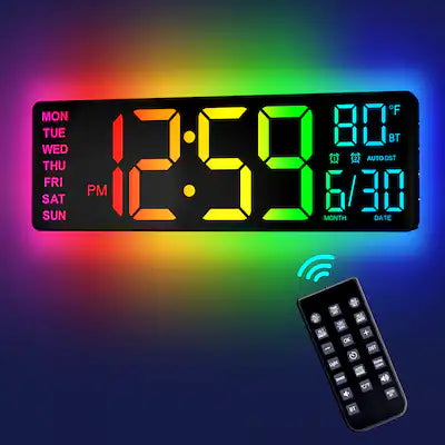 Easyera - 12" Digital Wall Clock with Remote Control, RGB Lights, Dual Alarms, LED Display, Auto DST, Temperature, Power via plug