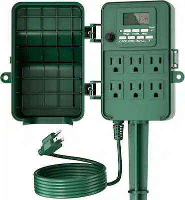BN-LINK - Outdoor Power Stake, 7-Day Programmable Digital Timer, 6 Outlets, 6FT Extension Cord, Waterproof, for Christmas