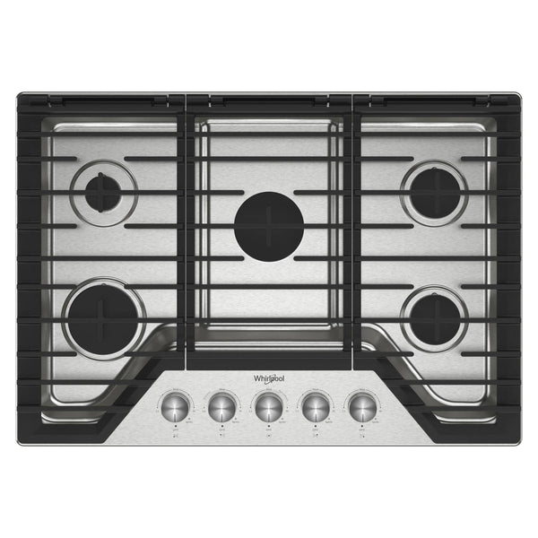 Whirlpool - 30 in. Wide 5 burners Built-In Gas Cooktop with EZ-2-Lift Hinged Cast-Iron Grates - Stainless Steel