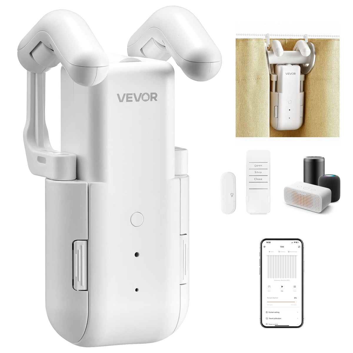 VEVOR - Automatic Curtain Opener, APP and Remote Control, Hub Included, Electric Smart Curtain Opener Compatible with Alexa - White