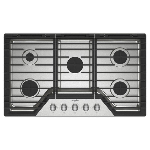 Front. Whirlpool - 36 in. Wide 5 burners Built-In Gas Cooktop with EZ-2-Lift Hinged Cast-Iron Grates - Stainless Steel.