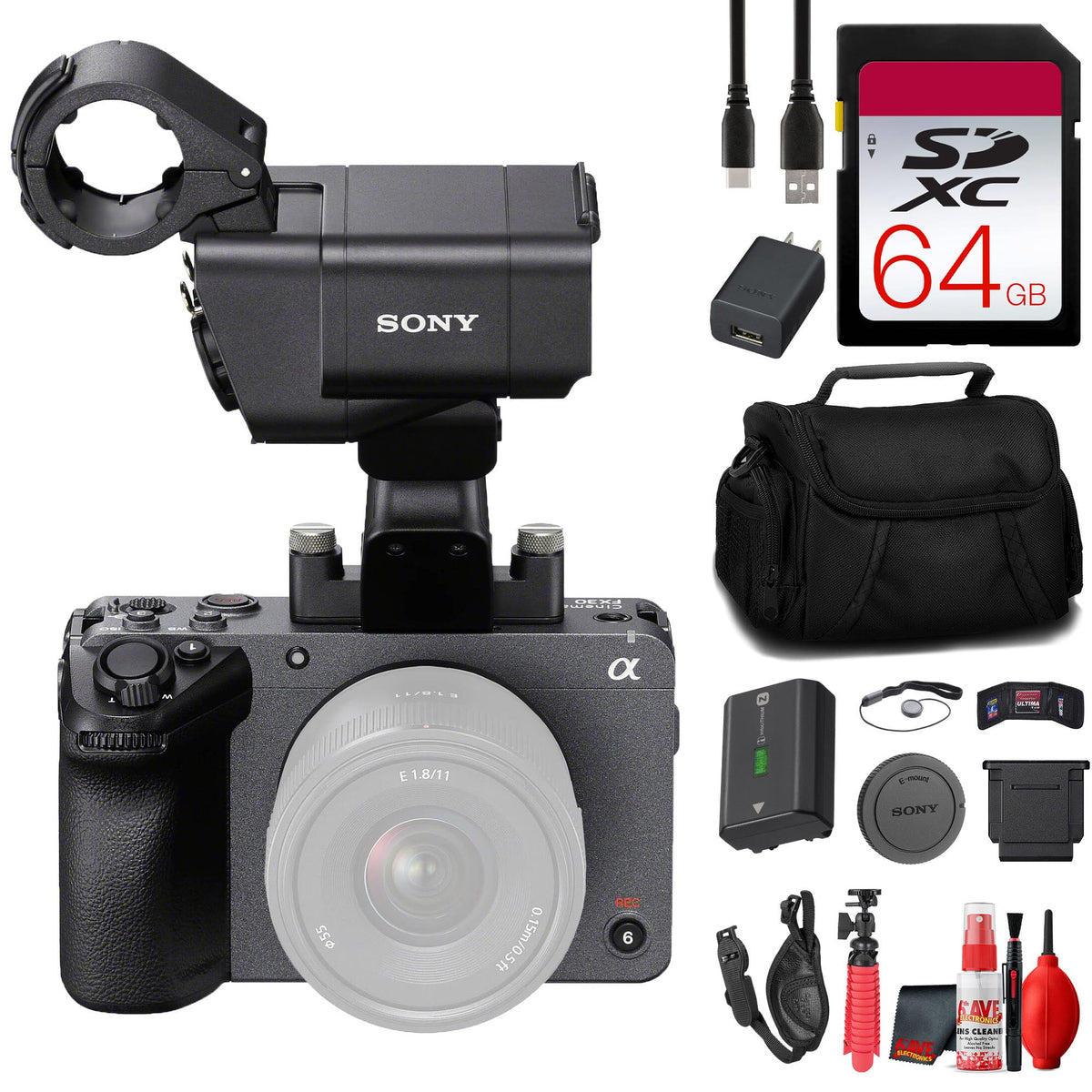 Bundle - Sony - FX30 Digital Cinema Camera with XLR Handle Unit + 64GB SF-G Tough Card + More