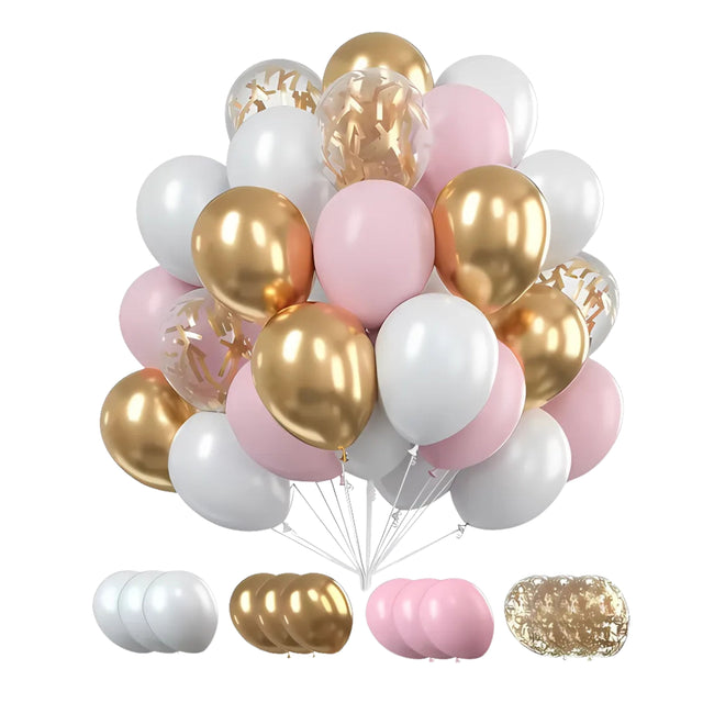 Front. Kitcheniva - 30-Pack White, Gold, & Pink Party Balloon Set – Birthday, Wedding, Baby Shower, Graduation, Anniversary Decorations - white gold and pink.