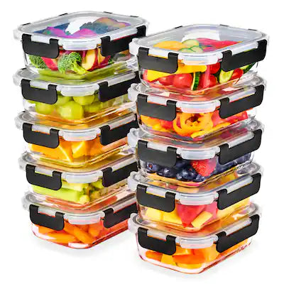 Sorbus - 20 Piece Rectangular (630ml/ 21.3oz/ 2.6cups) Glass Meal Prep Containers with Airtight Lids - Oven Safe