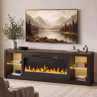 Bestier - 70" Marble Top Electric Fireplace TV Stand with 36" Insert, LED Gaming Media Console with Glass Shelves for Living Room