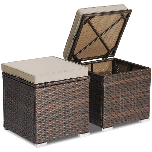 Front. Costway - 2PCS Patio Rattan Ottomans Seat Side Table Storage Box Footstool with Cushion - Beige + Mix Brown.