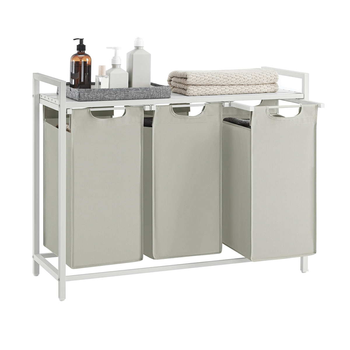Songmics Home - Laundry Hamper, Laundry Basket, Laundry Sorter with 3 Pull-Out,Removable Bags, Shelf, Metal Frame, 3 x 10 Gallons (38L) - White
