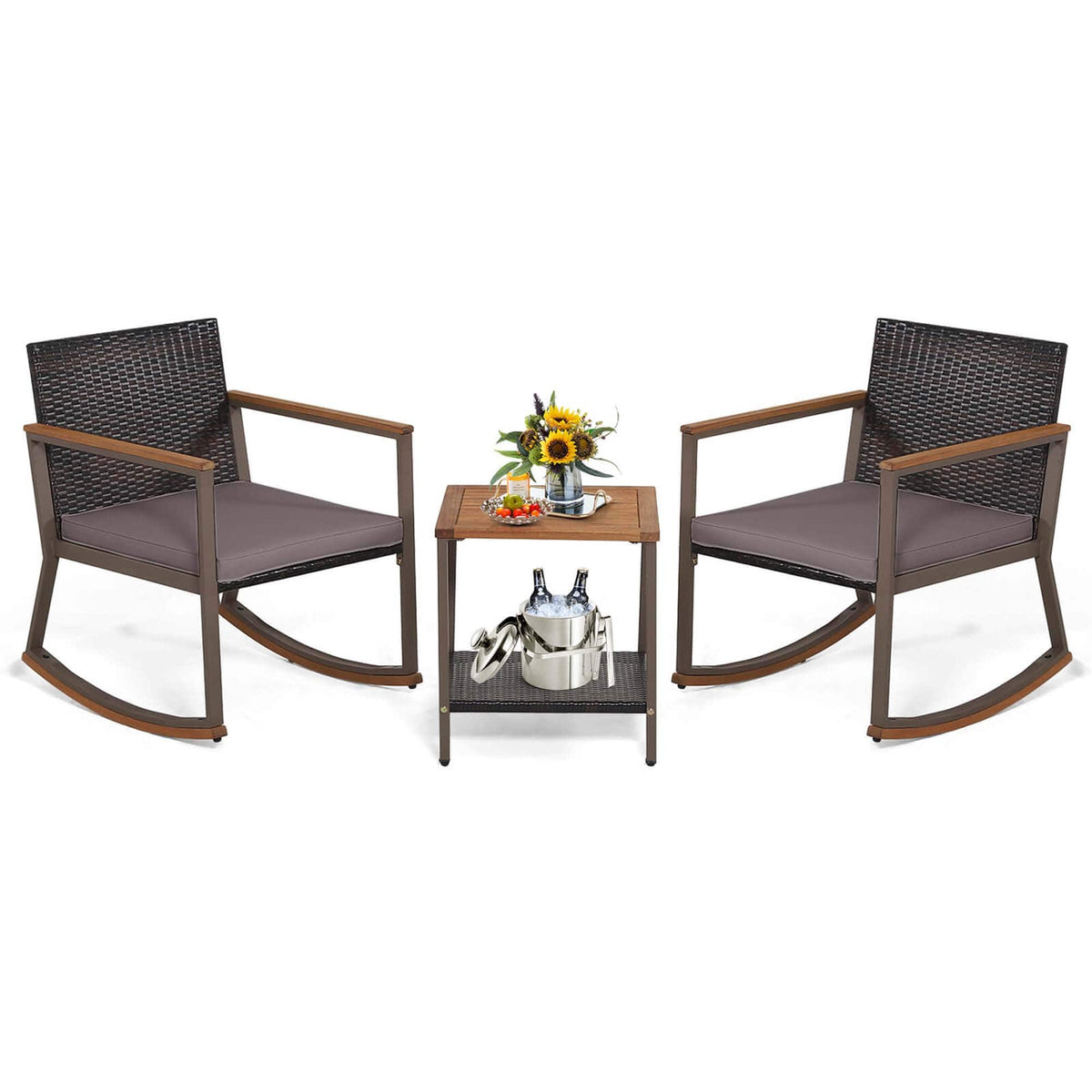 Costway - 3 PCS Patio Rattan Rocking Chair Bistro Set Armrest Cushion Table with Storage Shelf - Gray