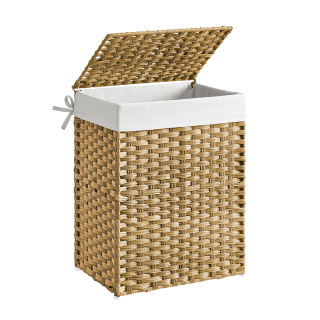 Front. Songmics Home - Laundry Hamper with Lid and Handles, 23.8 Gallon (90 L) Synthetic Rattan, Foldable, Removable Liner - Goose Yellow.