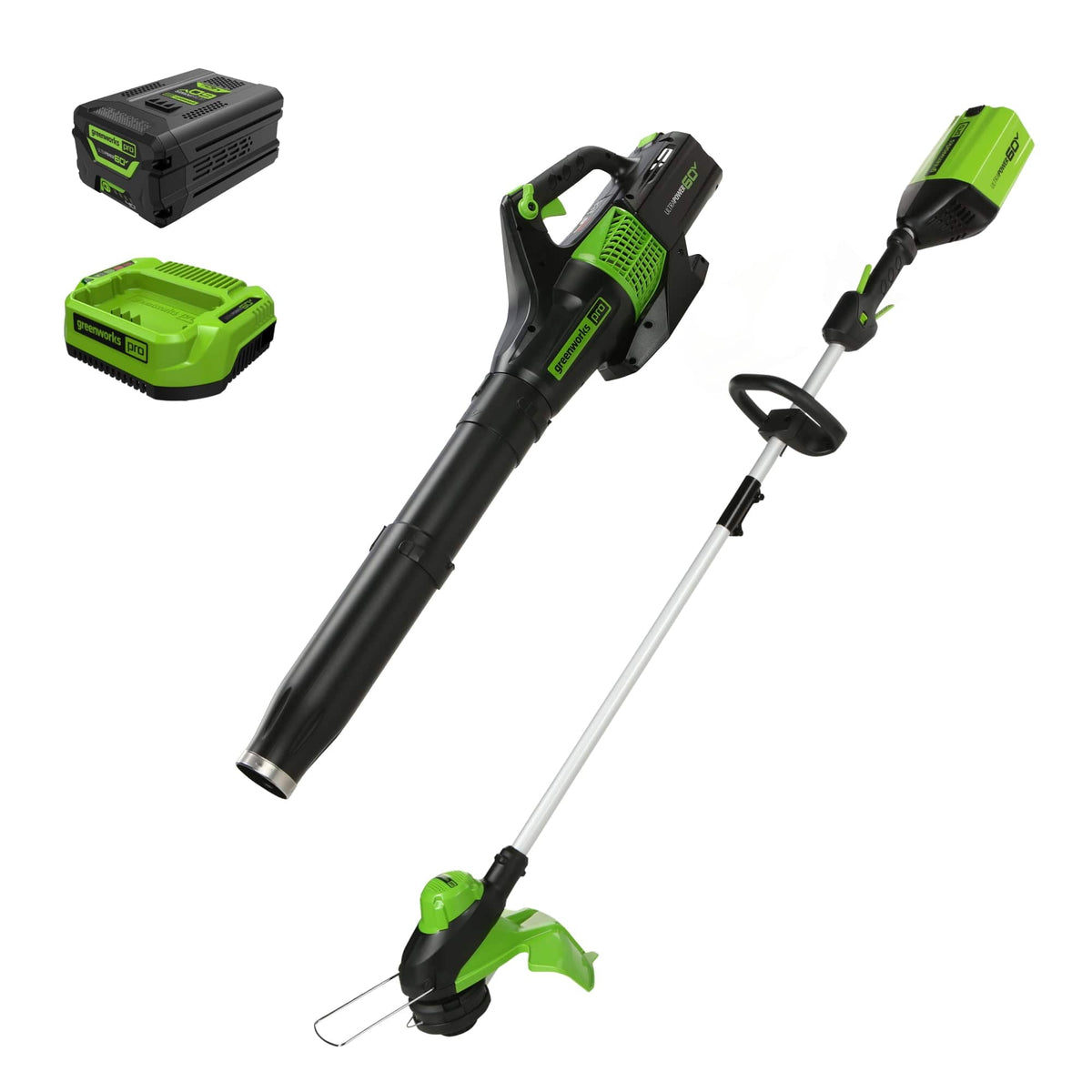 Greenworks - 60V 13" String Trimmer, 140 MPH 540 CFM Leaf Blower Combo, with 4Ah Battery and Charger 1303302 - Green
