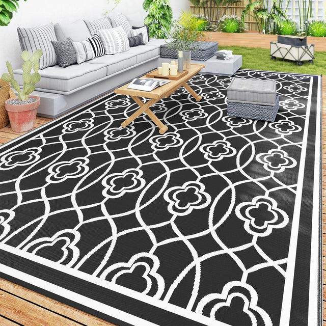 Front. Outsunny - Outdoor Rug for Patio, 9' x 18' Waterproof Large Mat, Reversible Plastic Straw Rug for Décor - Black and White Lantern.