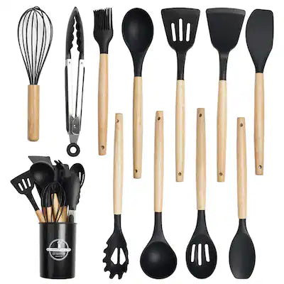 KOOMADE - 12pcs Set Silicone Wooden Handle Kitchenware Set Non Stick Pot Spatula and Spoon Cooking Utensils Heat-resistant
