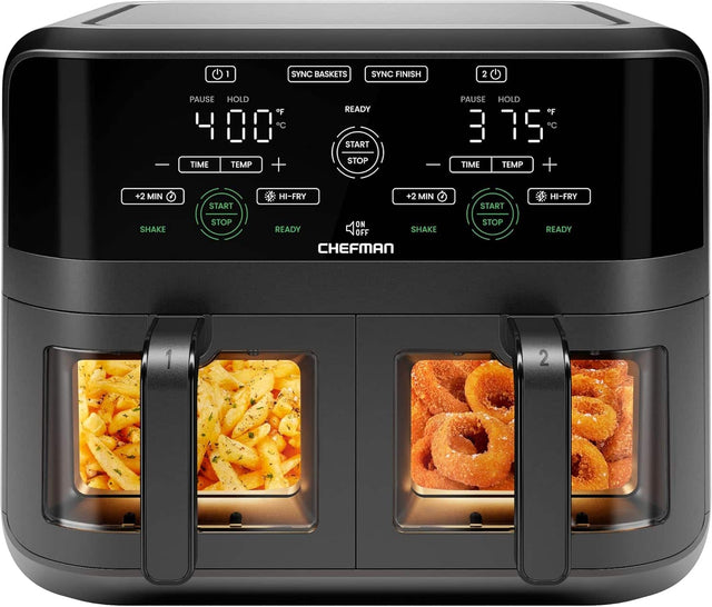 1. SYNC BASKETS  
   PAUSE HOLD  
   400°F  
   TIME TEMP  
   +2 MIN  
   START STOP  
   SHAKE  
   READY  
   HI-FRY  

2. SYNC FINISH  
   PAUSE HOLD  
   375°F  
   TIME TEMP  
   +2 MIN  
   START STOP  
   SHAKE  
   READY  
   HI-FRY  

CHEFMAN